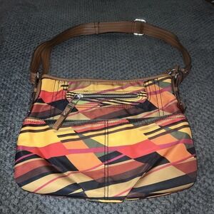 Tyler Rodan Abstract Geometric Print Nylon Shoulder Bag BrownOrange Multi Pocket